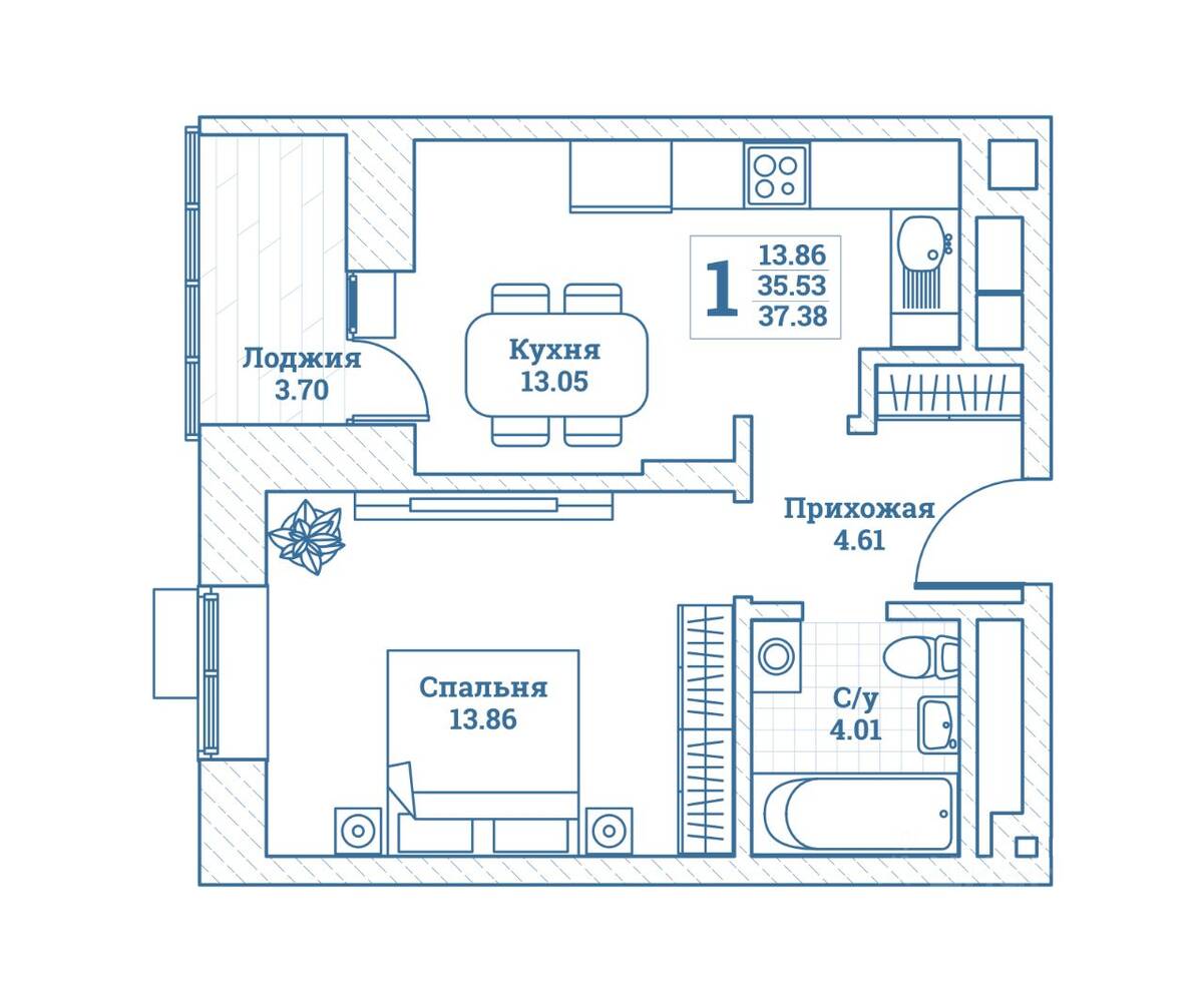 1-комн. квартира, 37,38 м², в ЖК Новоград Монино