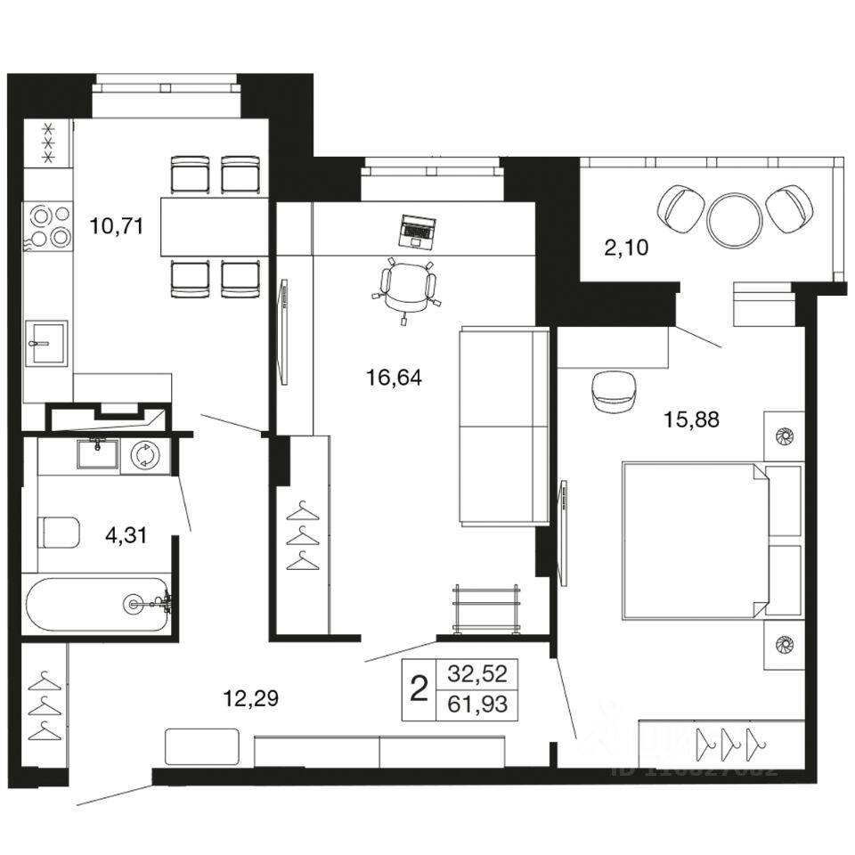 2-комн. квартира, 61,9 м², в ЖК «Времена года»