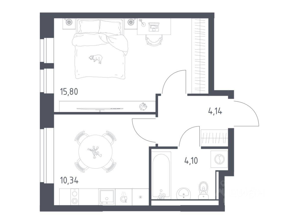 1-комн. квартира, 34,38 м², в ЖК «Пригород Лесное»