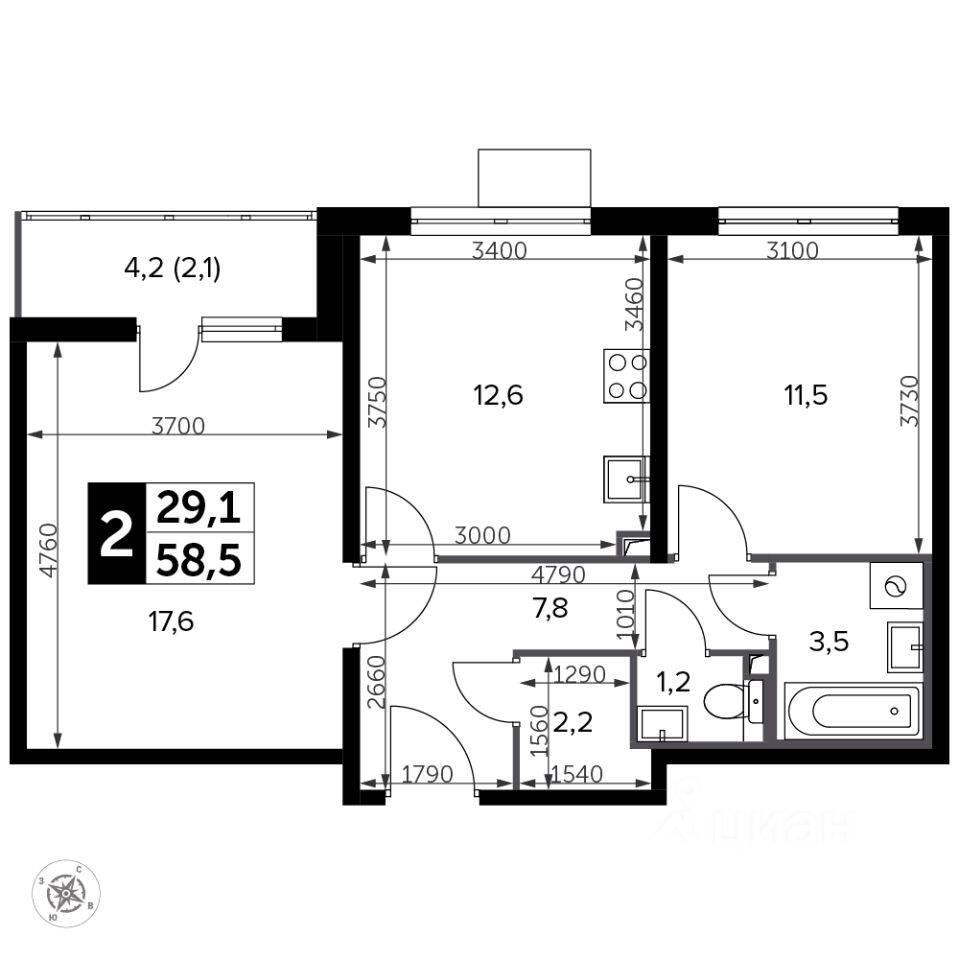 2-комн. квартира, 59,2 м², в ЖК «Южная Битца»