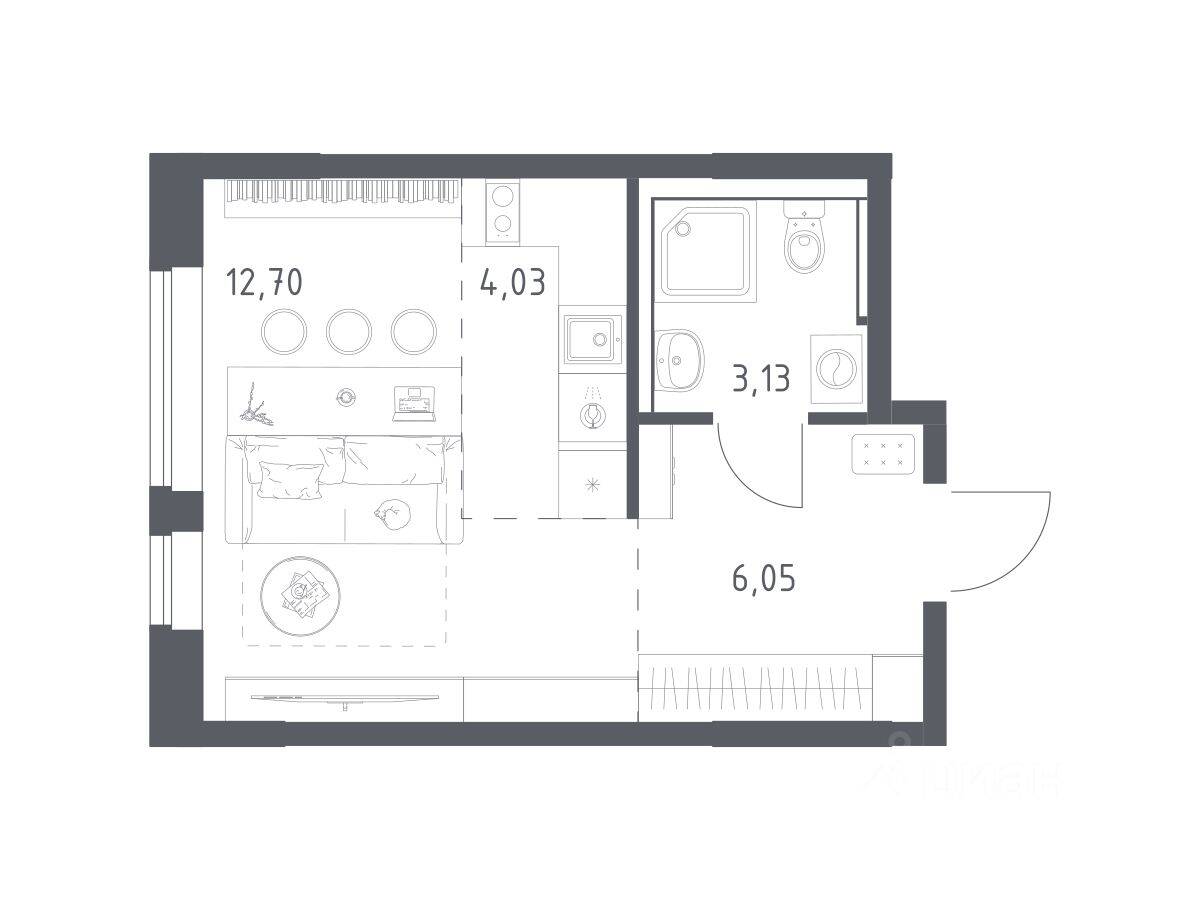Планировка 1 комнатной квартиры, 25.7 м², в «Пригород Лесное»