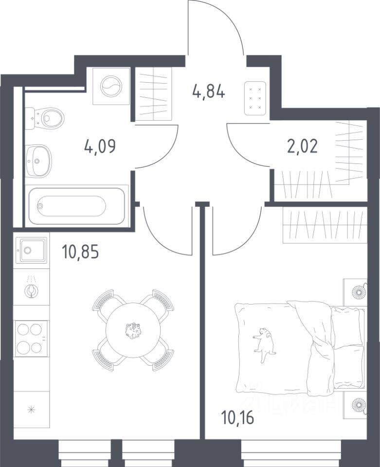 Планировка 1 комнатной квартиры, 31.96 м², в «Квартал Ивакино»