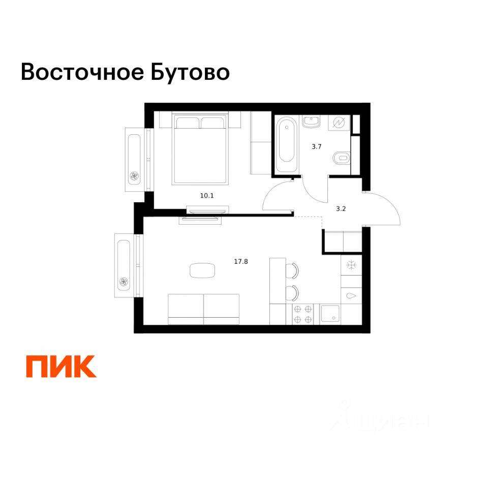 1-комн. квартира, 34,8 м², в ЖК «Восточное Бутово»