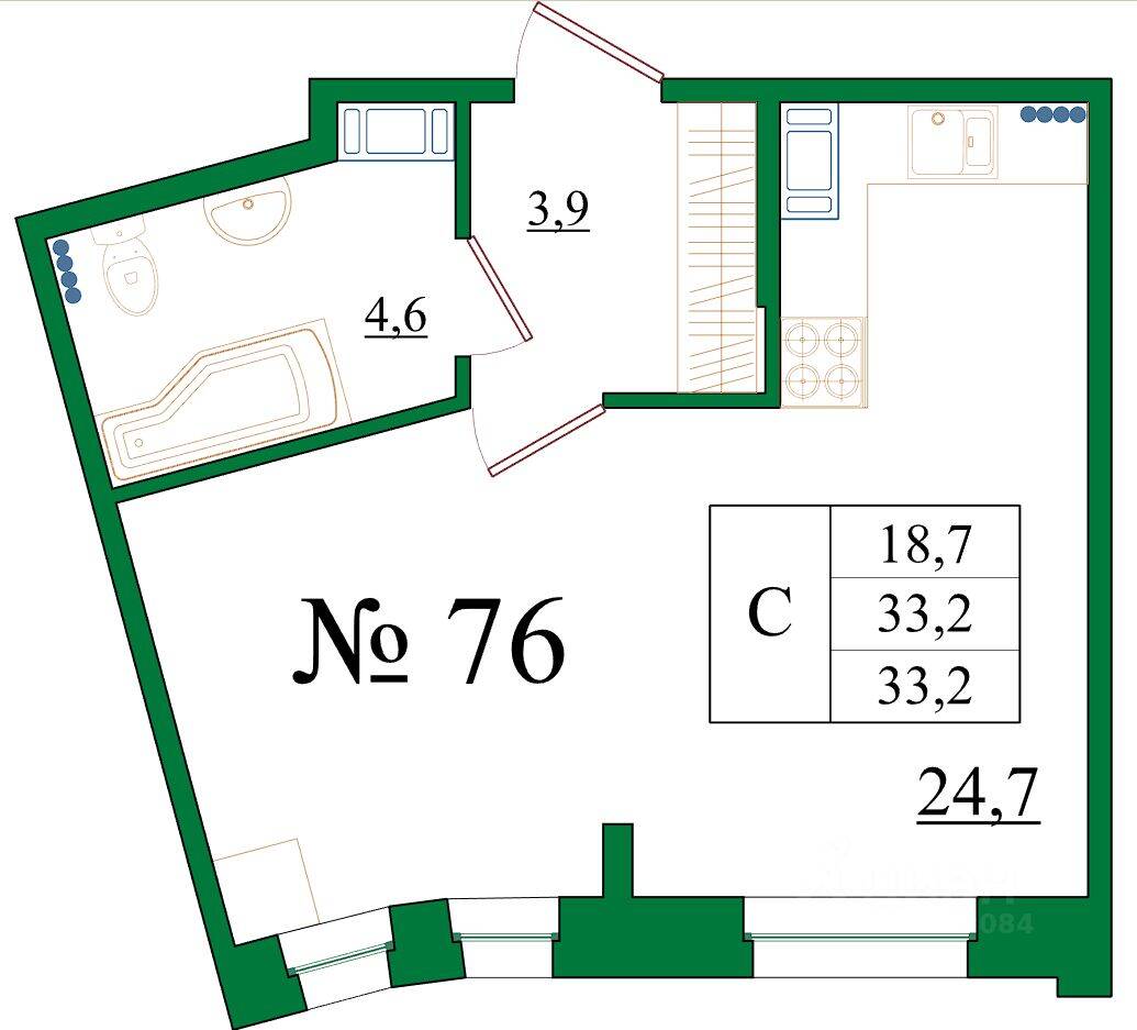 Квартира-студия, 33,2 м², в ЖК Орловский бульвар