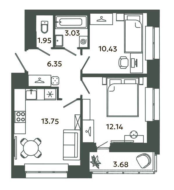 2-комн. квартира, 47,65 м², в ЖК Загляденье