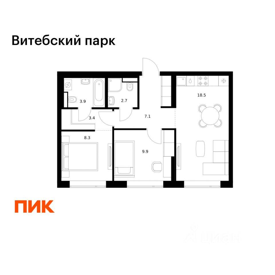 2-комн. квартира, 53,8 м², в ЖК Витебский парк