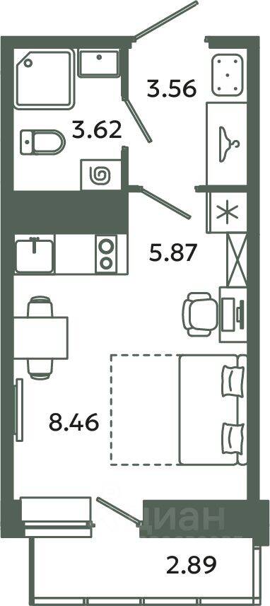 Квартира-студия, 21,51 м², в ЖК Загляденье