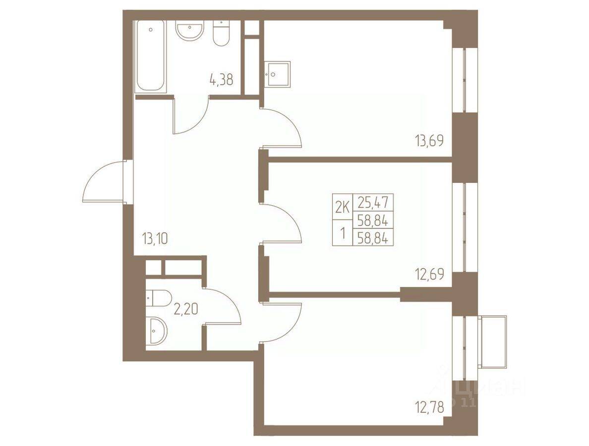 2-комн. квартира, 58,84 м², в ЖК Фабрикант