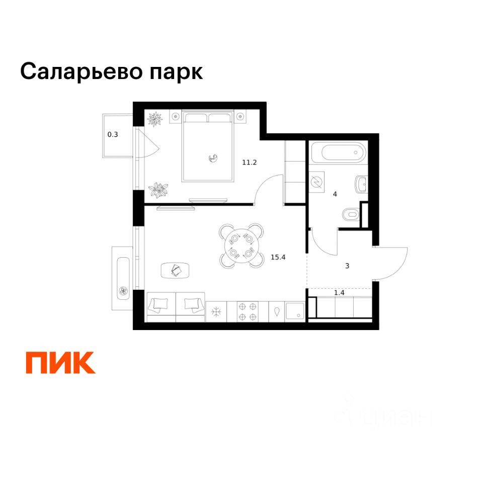 1-комн. квартира, 35,3 м², в ЖК «Саларьево парк»