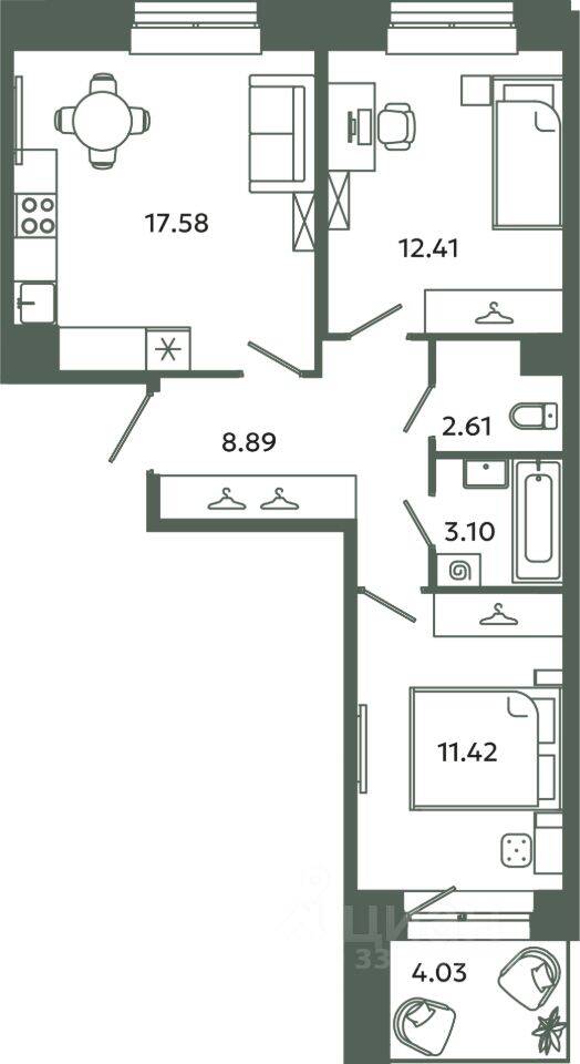 2-комн. квартира, 56,01 м², в ЖК Загляденье
