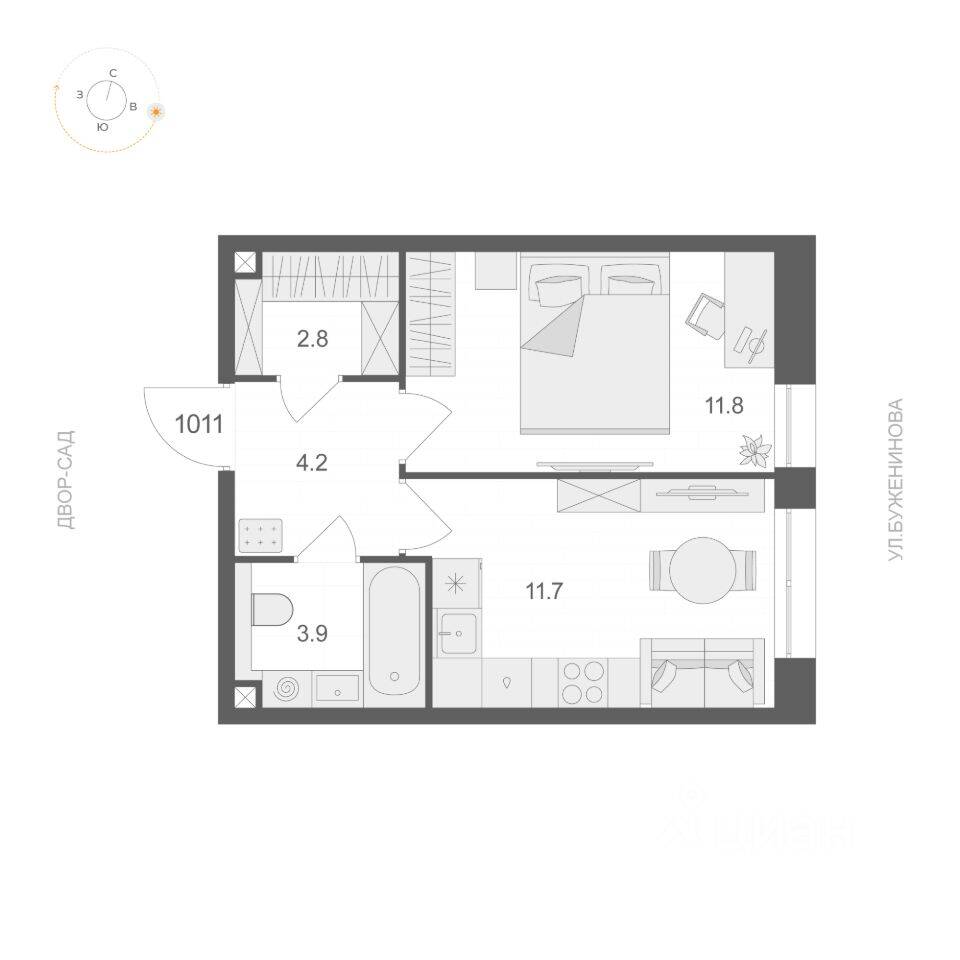 Планировка 1 комнатной квартиры, 34.4 м², в «ARTEL»