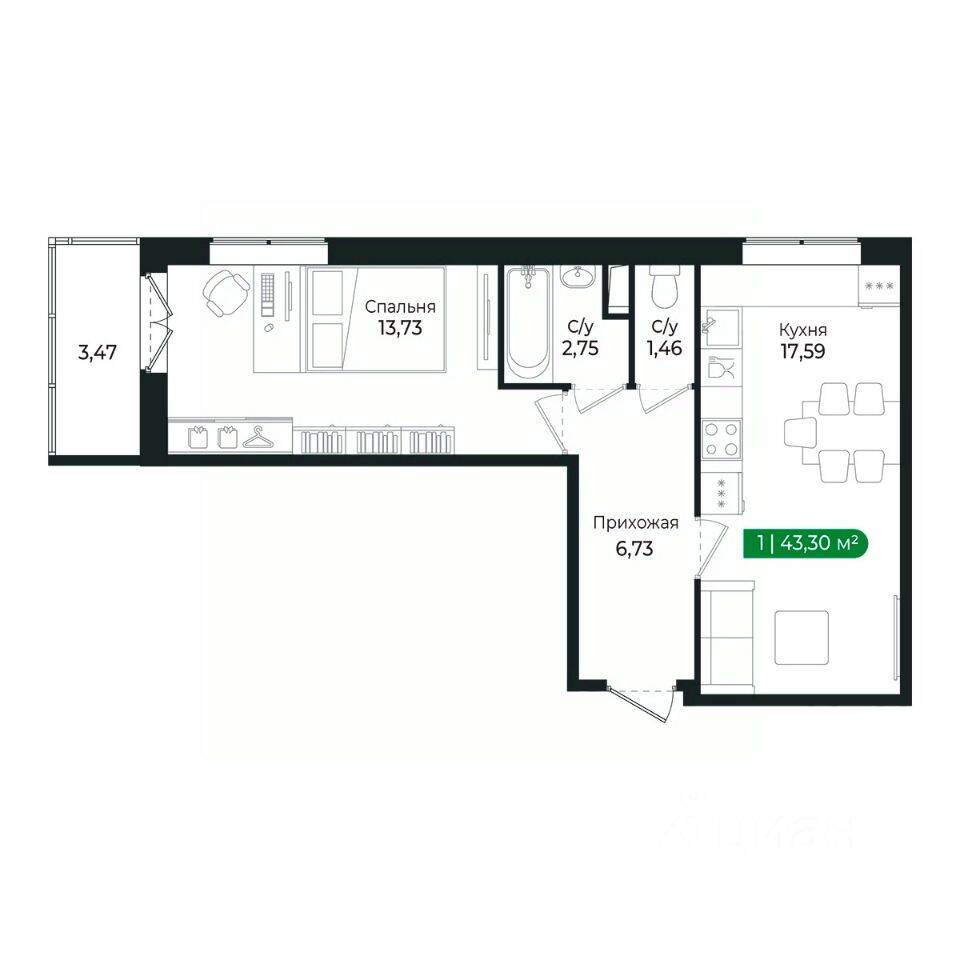 1-комн. квартира, 42 м², в ЖК Sertolovo Park