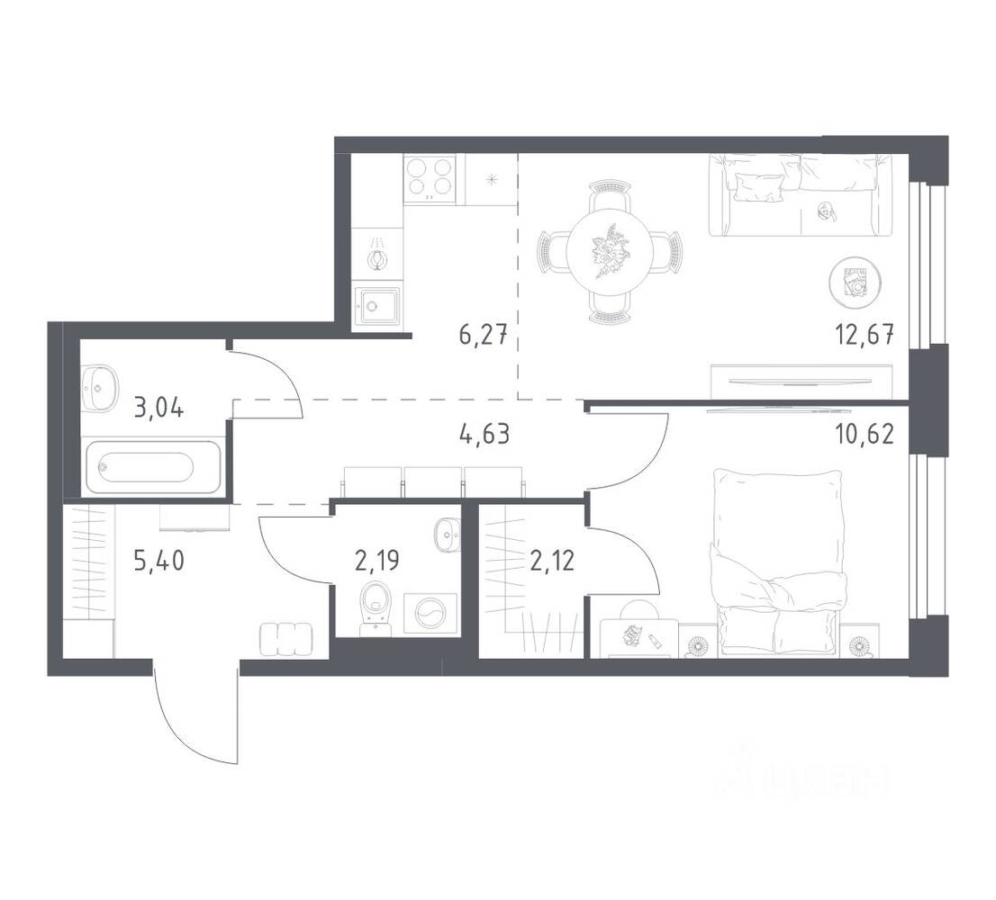 1-комн. квартира, 46,94 м², в ЖК Новое Внуково