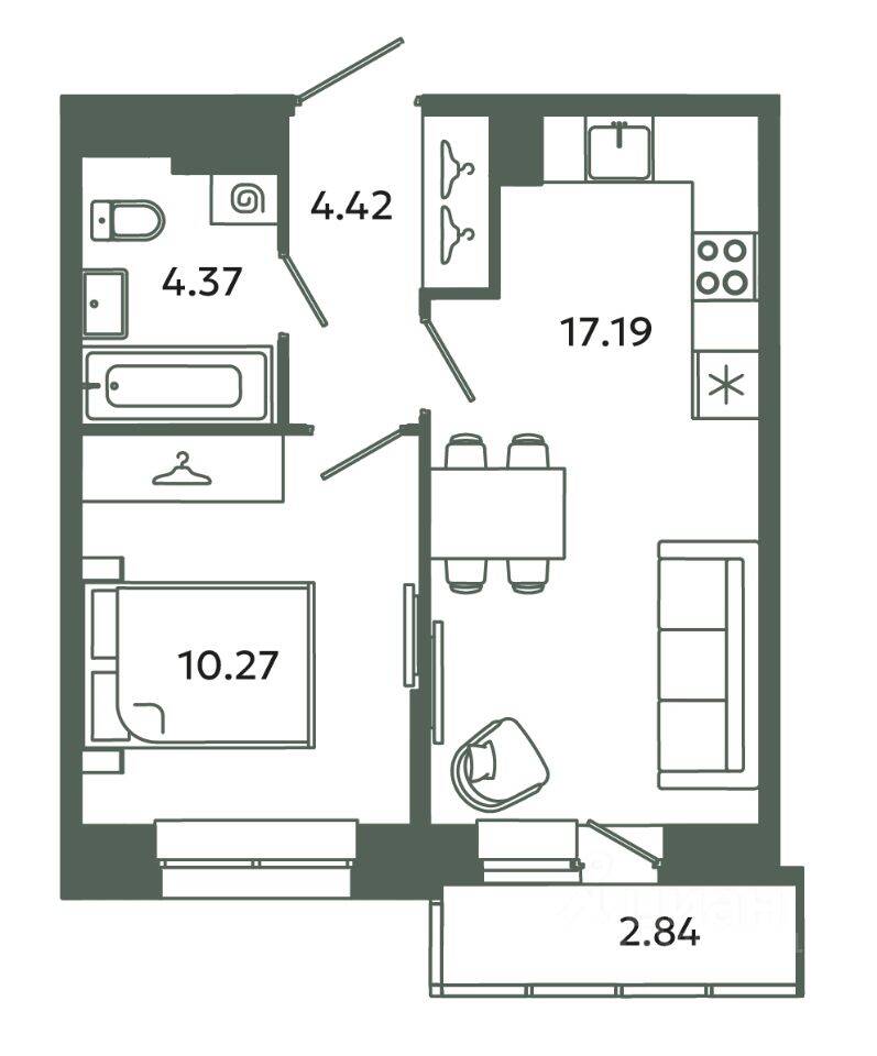 1-комн. квартира, 36,25 м², в ЖК Загляденье