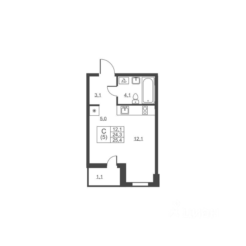 Квартира-студия, 25,4 м², в ЖК Ермак