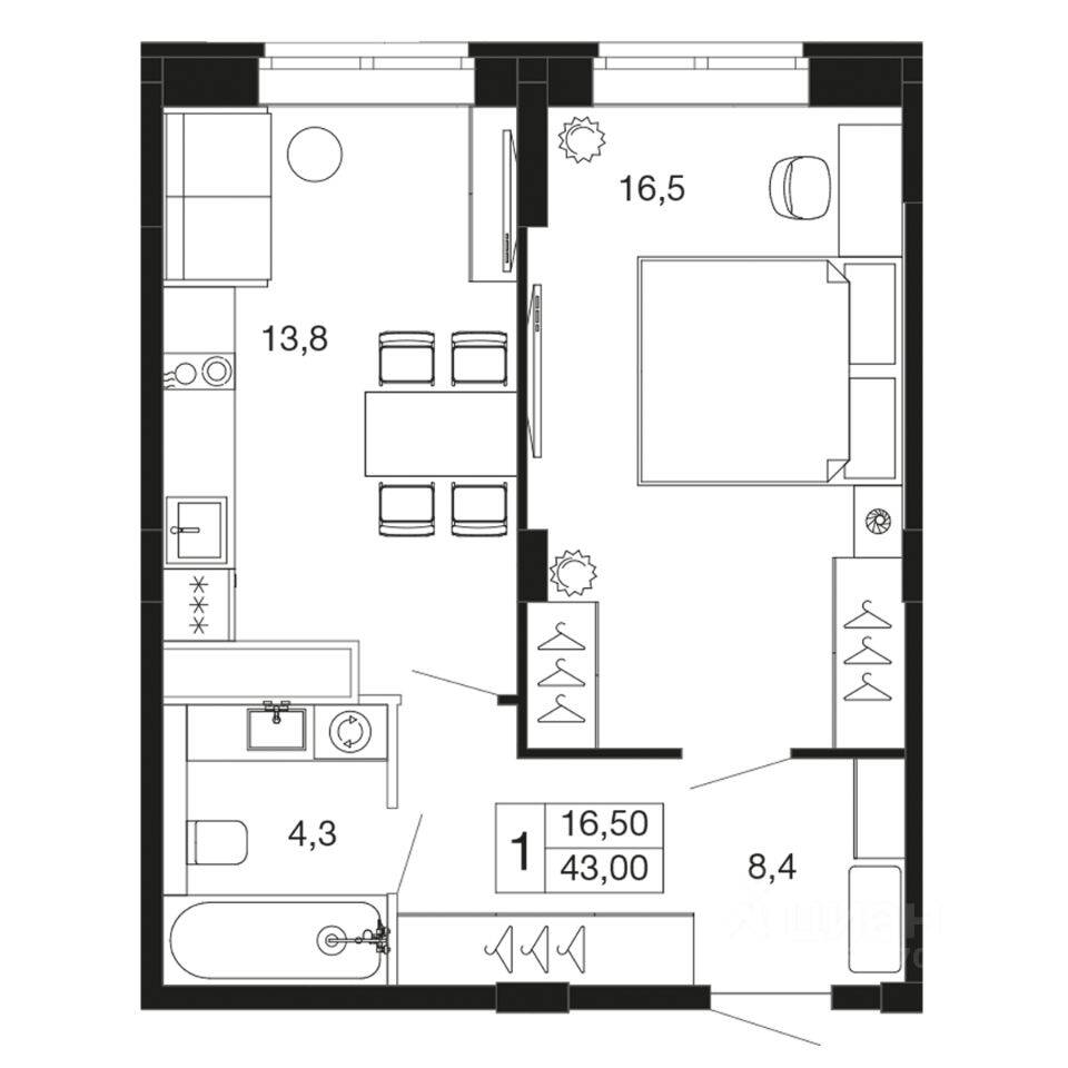 1-комн. квартира, 43 м², в ЖК «Времена года»
