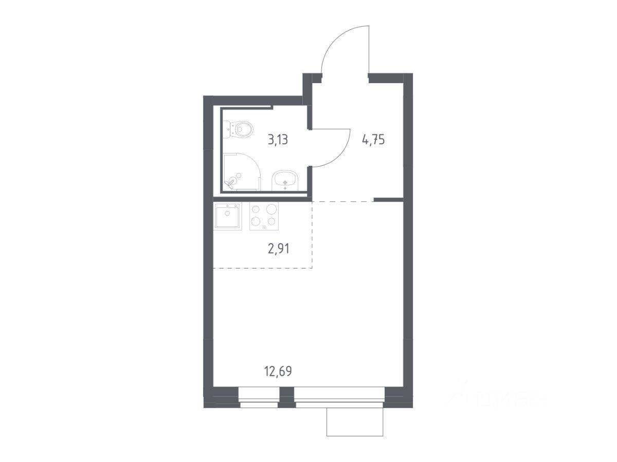 Квартира-студия, 23,48 м², в ЖК Молжаниново