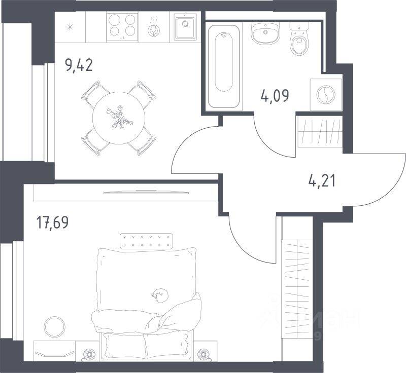 Планировка 1 комнатной квартиры, 35.41 м², в «Прибрежный Парк»