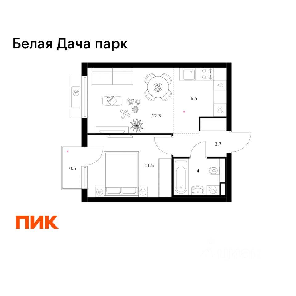 1-комн. квартира, 38,5 м², в ЖК «Белая Дача парк»