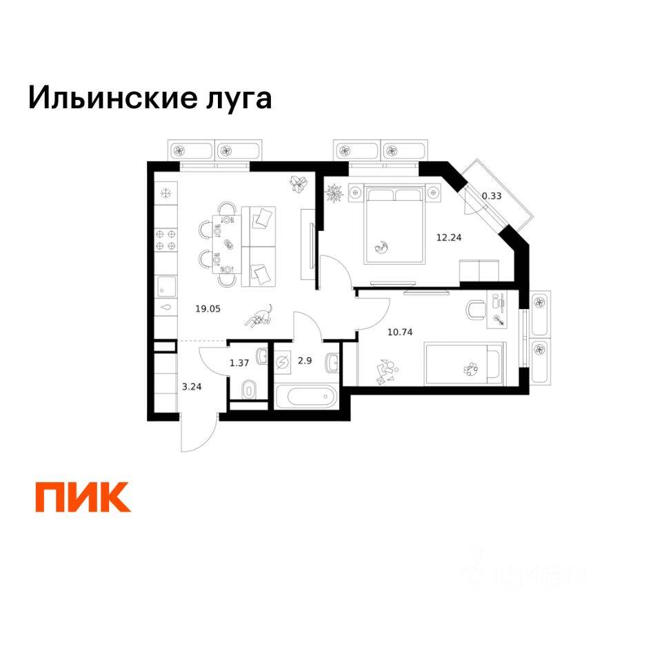 2-комн. квартира, 49,87 м², в ЖК «Ильинские луга»