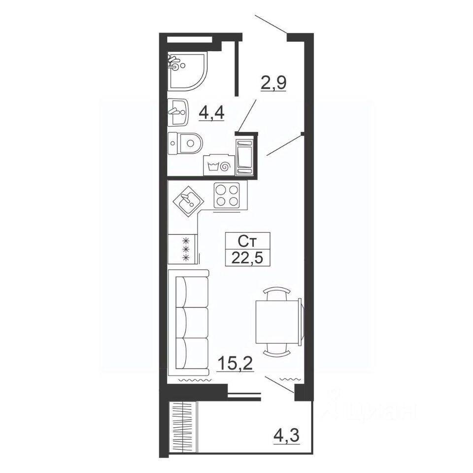 Квартира-студия, 22,5 м², в ЖК Рубеж