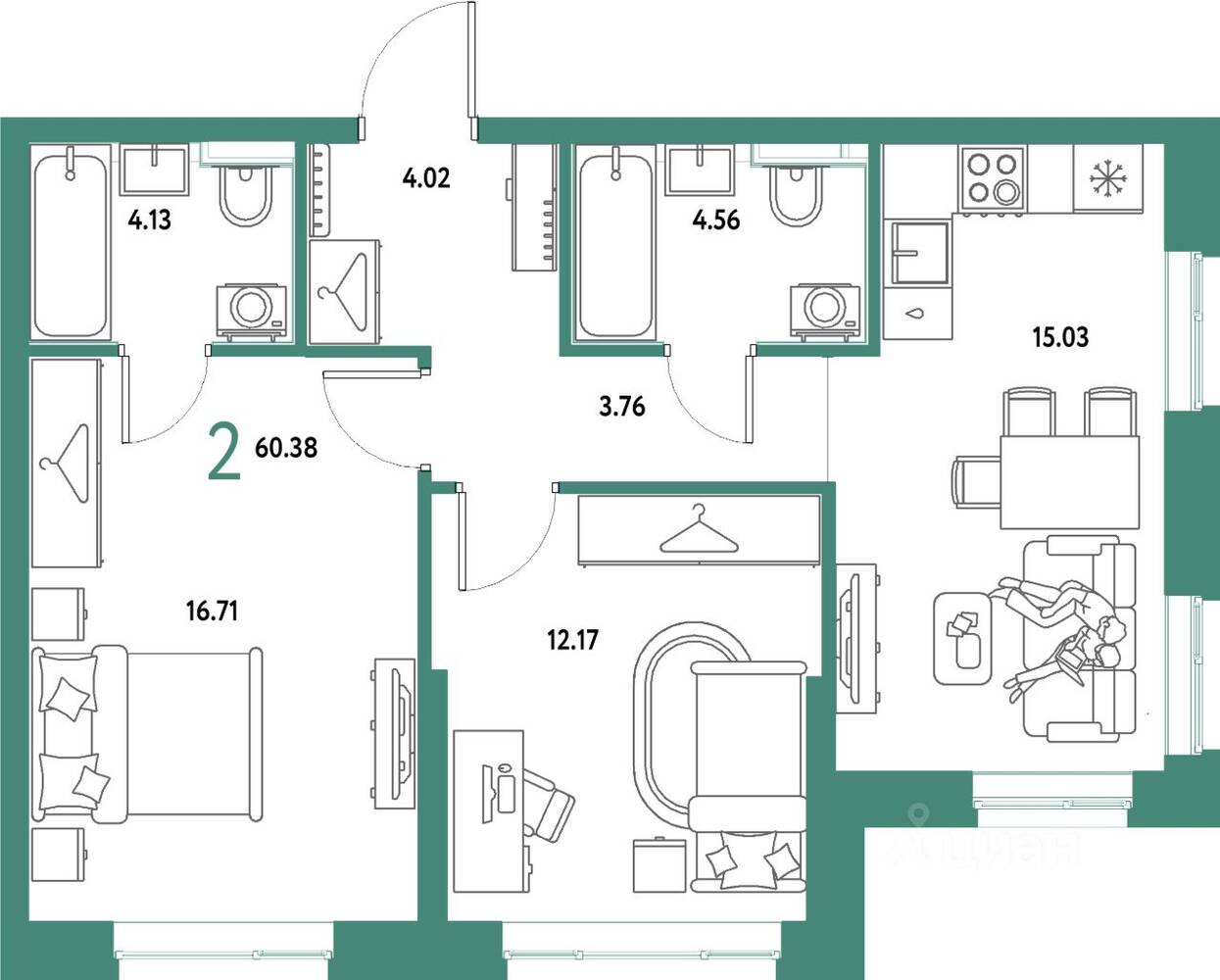 2-комн. квартира, 60,38 м², в ЖК Страна.Парковая