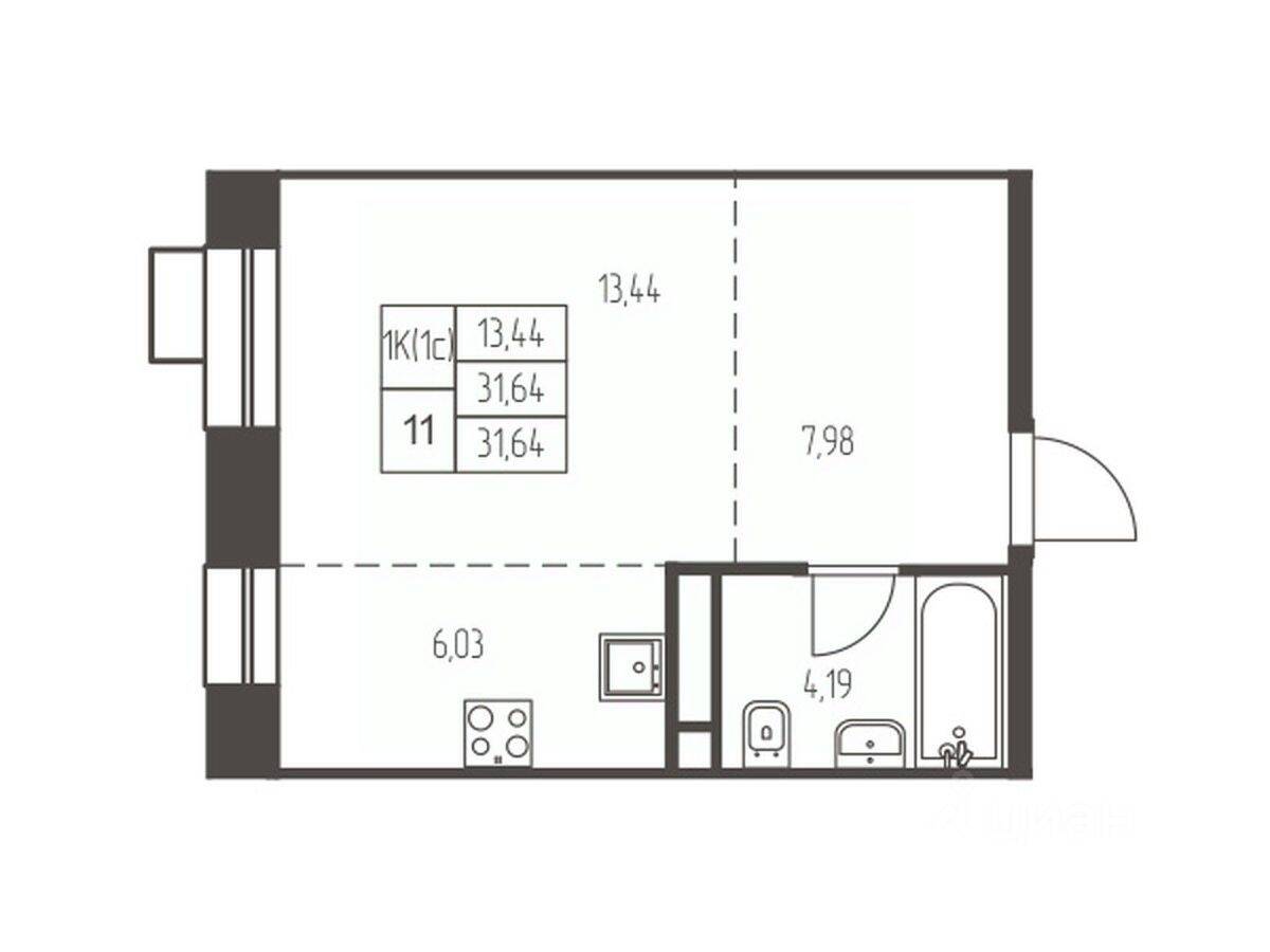 Планировка 1 комнатной квартиры, 31.6 м², в «Новая Ивантеевка»