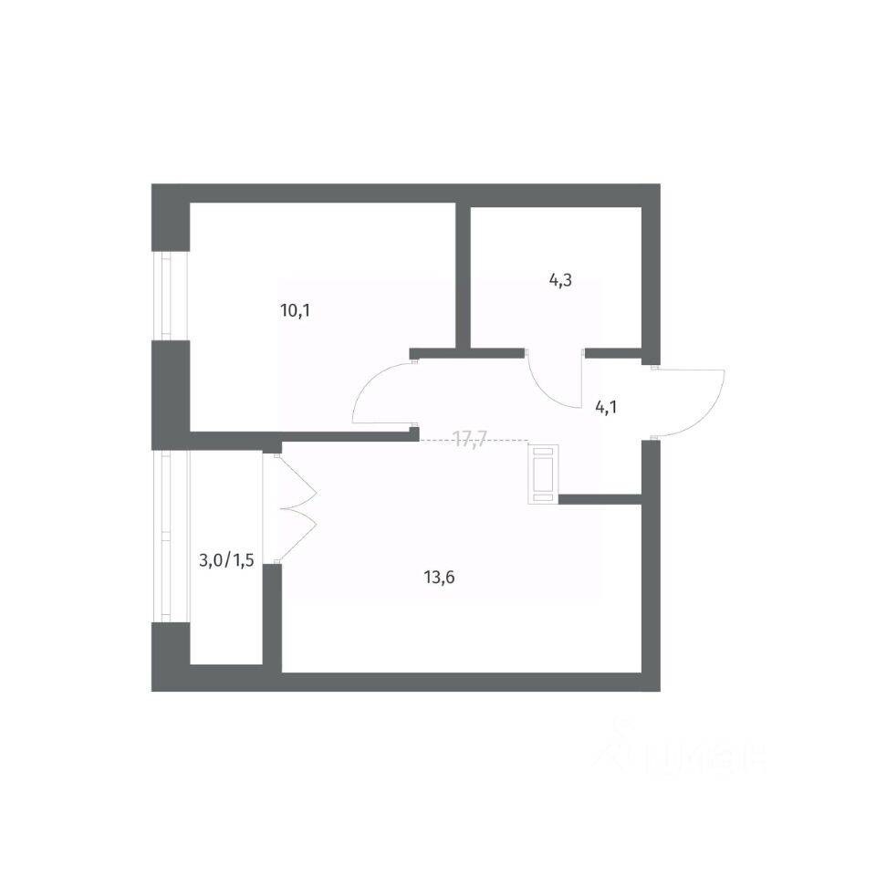 Планировка 1 комнатной квартиры, 33.57 м², в «NEWПИТЕР»