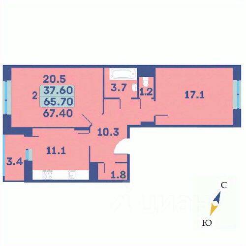 2-комн. квартира, 67,4 м², в ЖК «Эдельвейс» (ЦентрСтрой)