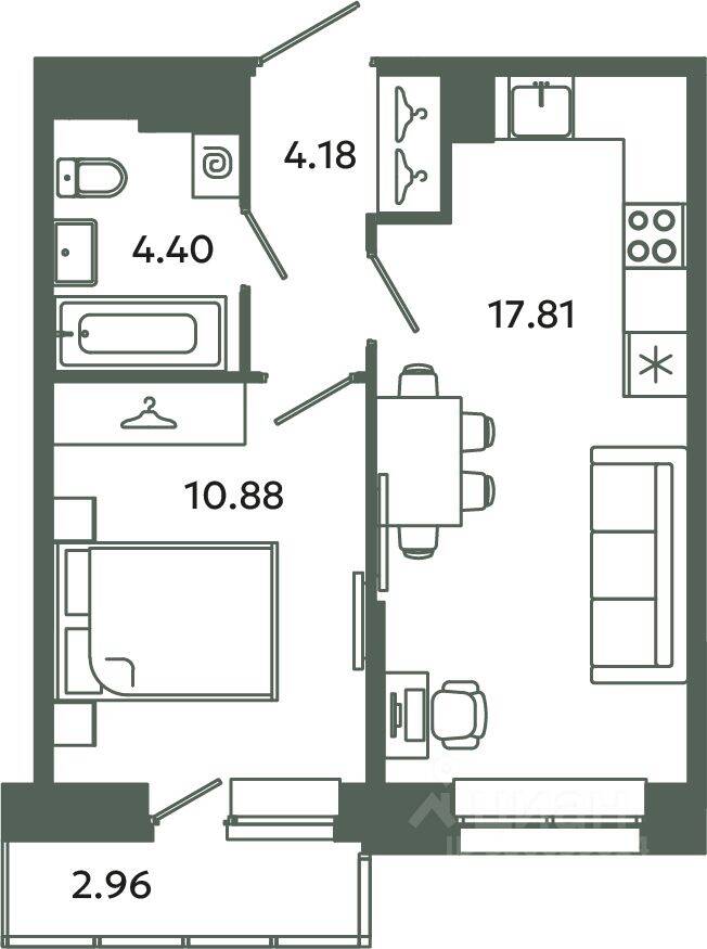 1-комн. квартира, 37,27 м², в ЖК Загляденье