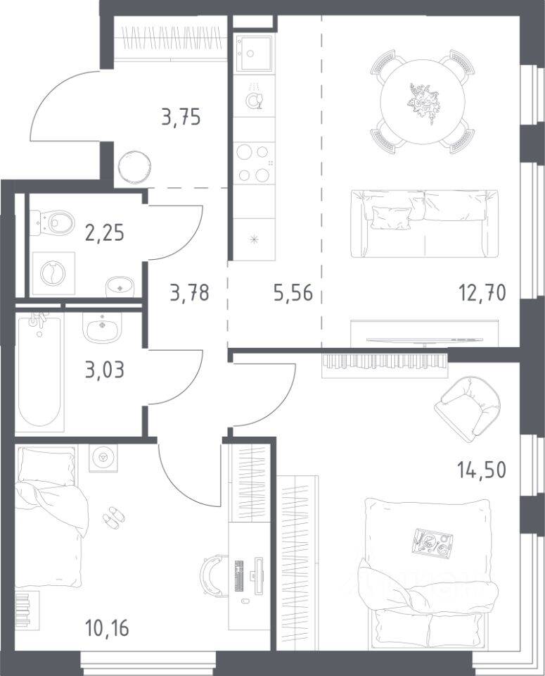 2-комн. квартира, 55,73 м², в ЖК Мытищи Парк