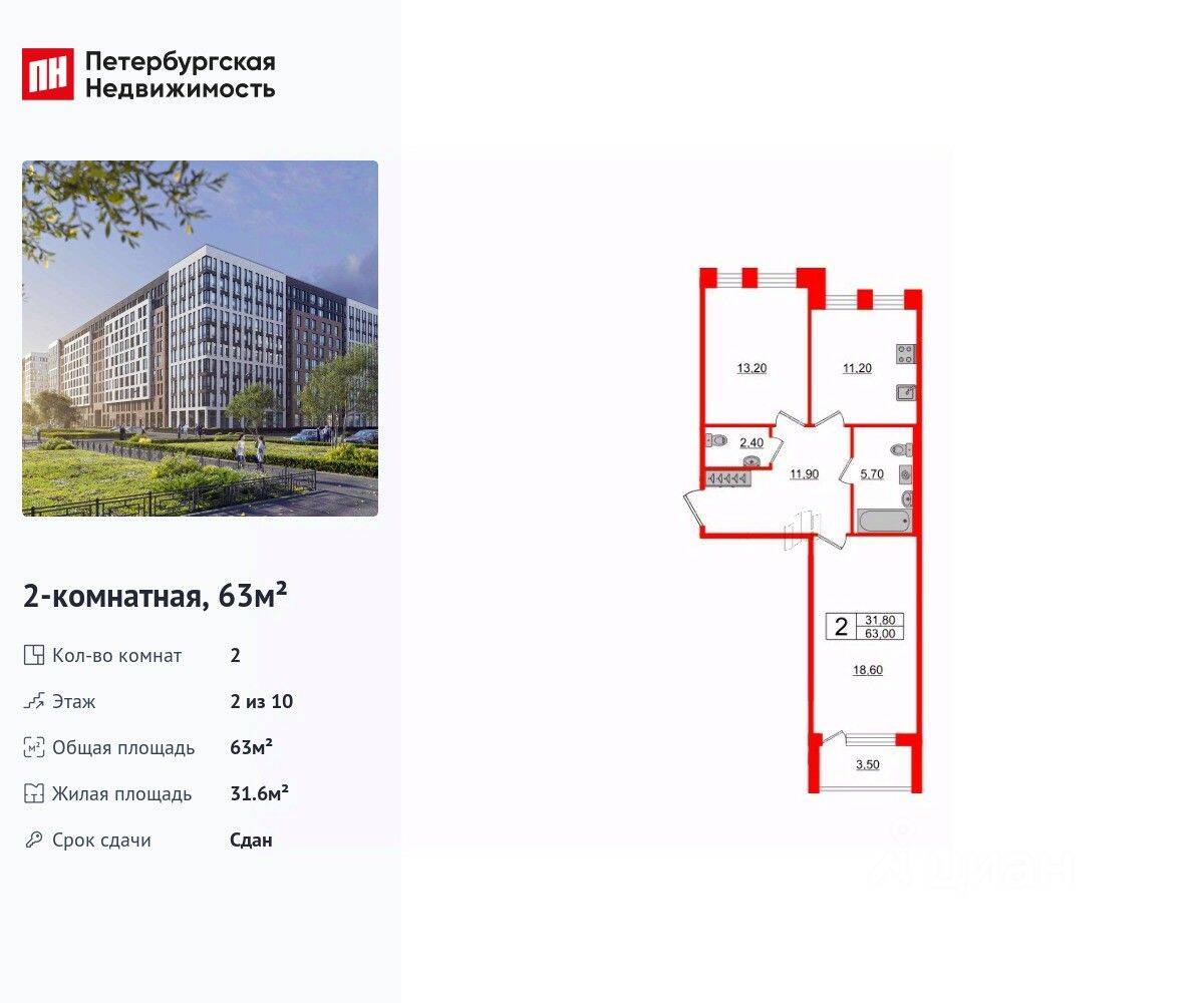 2-комн. квартира, 63 м², в ЖК Svetlana Park