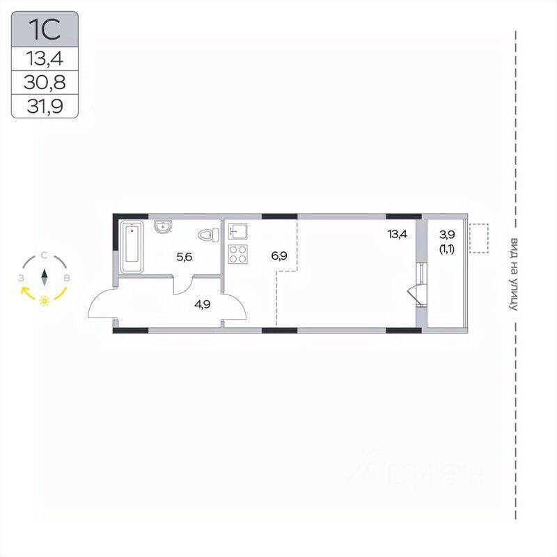 Квартира-студия, 31,9 м², в ЖК «Пироговская Ривьера»