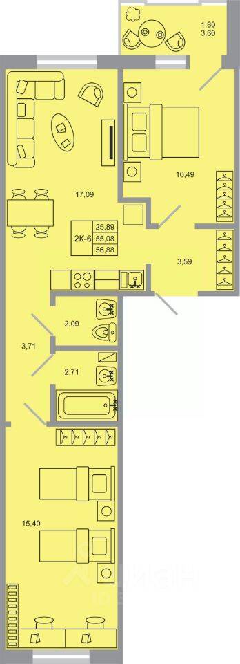2-комн. квартира, 56,88 м², в ЖК Стороны света-2