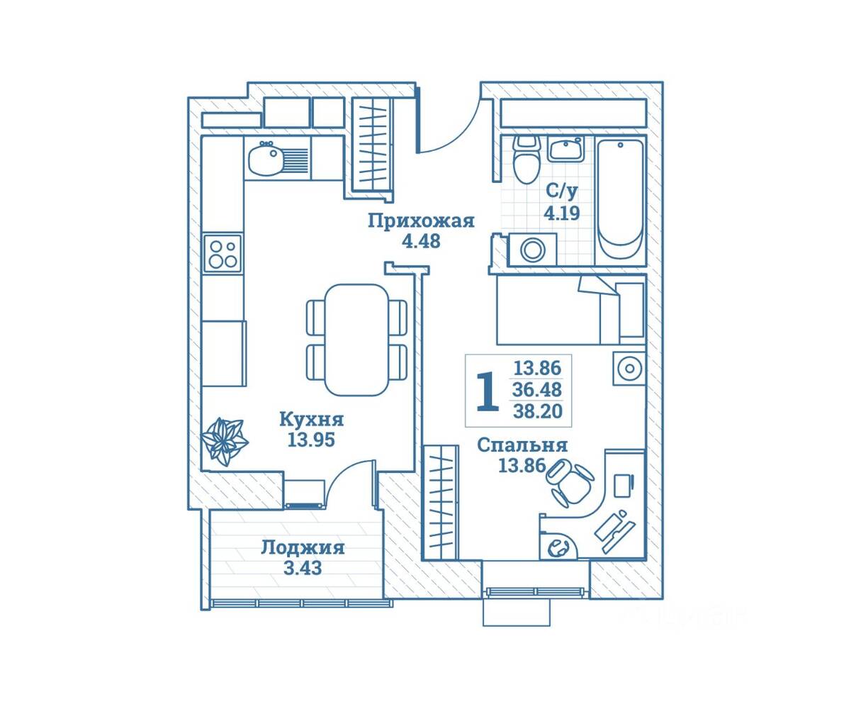 1-комн. квартира, 38,2 м², в ЖК Новоград Монино