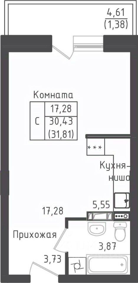 Квартира-студия, 31,53 м², в ЖК Зеленый Оазис-Город