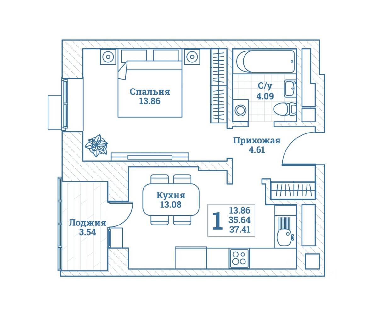 1-комн. квартира, 37,41 м², в ЖК Новоград Монино