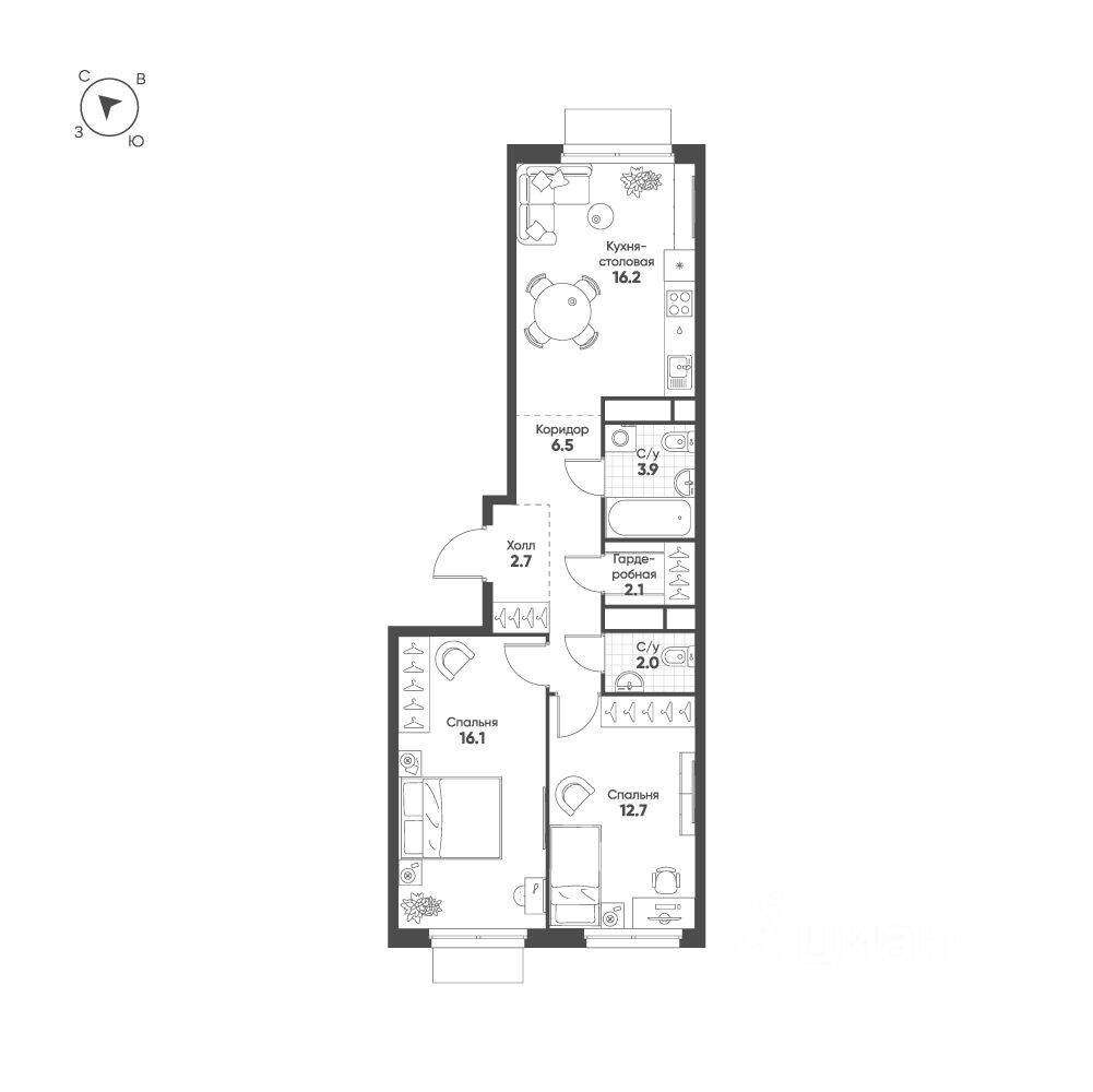 2-комн. квартира, 62,2 м², в ЖК Жилой квартал Shagal