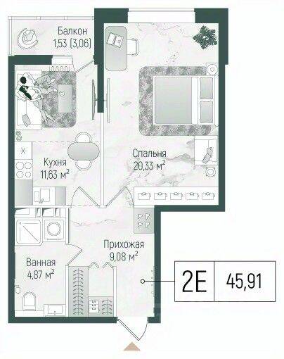1-комн. квартира, 47 м², в ЖК Riga Hills
