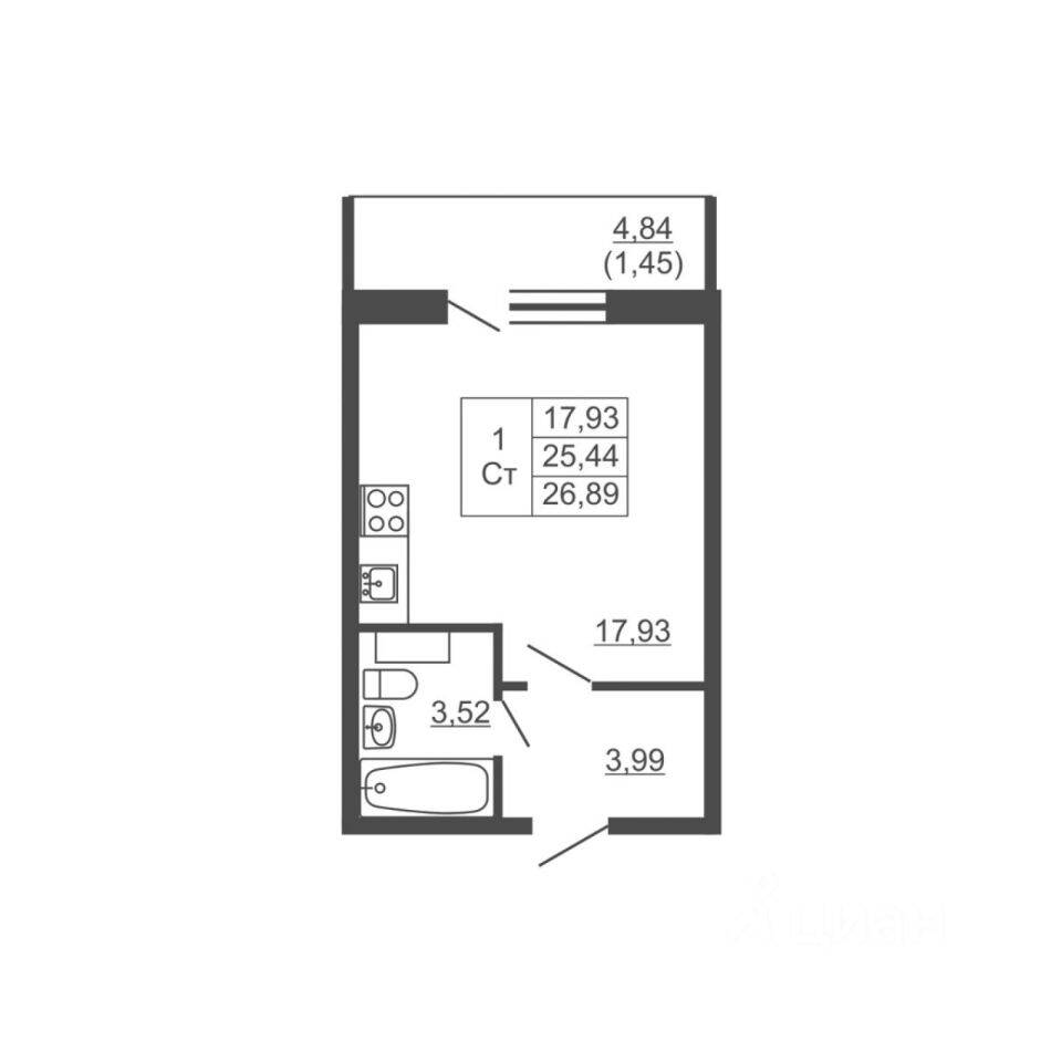 Планировка 1 комнатной квартиры, 25.4 м², в «Тандем»