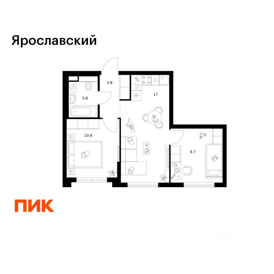 2-комн. квартира, 44,7 м², в ЖК «Ярославский»
