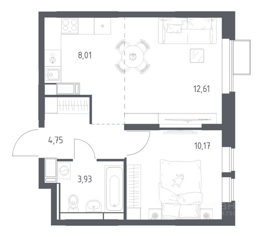 1-комн. квартира, 39,47 м², в ЖК «Большое Путилково»