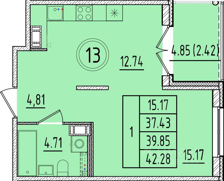 1-комн. квартира, 37,43 м², в Малоэтажный ЖК Образцовый квартал 17