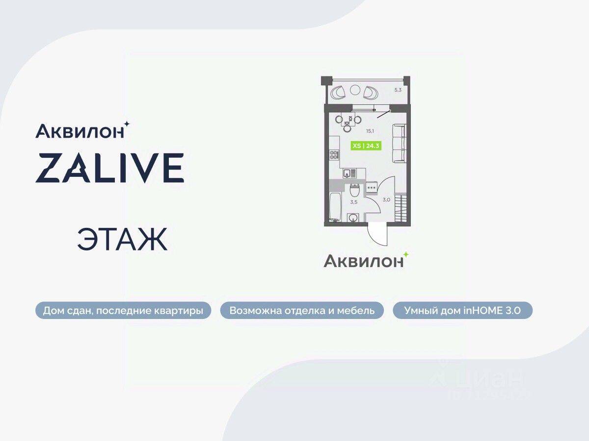 Планировка 1 комнатной квартиры, 24.3 м², в «Аквилон ZALIVE»