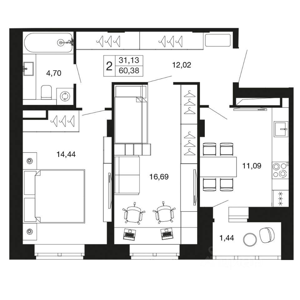 2-комн. квартира, 60,3 м², в ЖК «Времена года»
