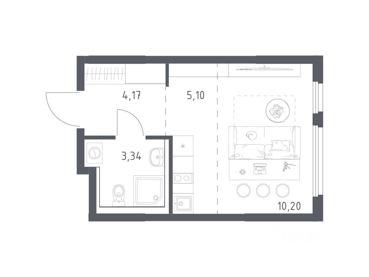 Планировка 1 комнатной квартиры, 22.81 м², в «Пригород Лесное»