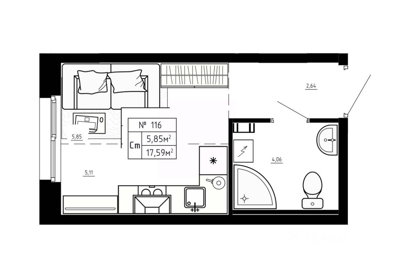 Планировка 1 комнатной квартиры, 17.59 м², в «Аннино Сити»