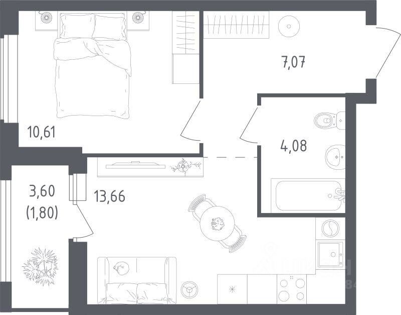 1-комн. квартира, 37,22 м², в ЖК Южная Нева