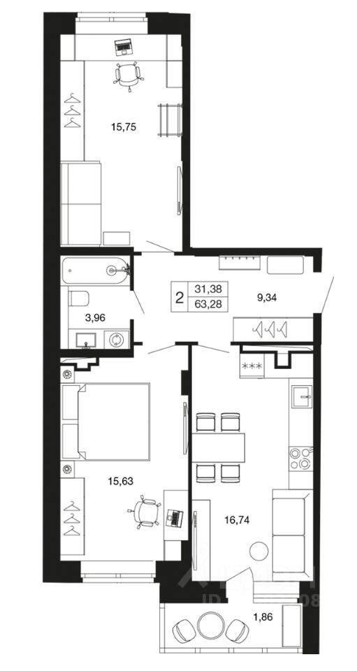 2-комн. квартира, 63,3 м², в ЖК «Времена года»