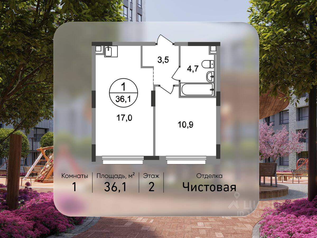 Планировка 1 комнатной квартиры, 36.1 м², в «Переделкино Ближнее»